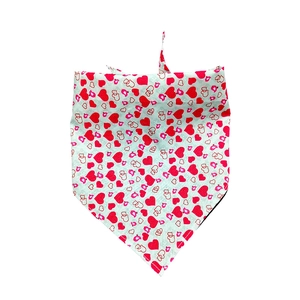 Detail of red Valentine's Day cotton pet bandana featuring heart and bird patterns
