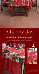 Detail of red Christmas tablecloth with snowman and festive tree print texture