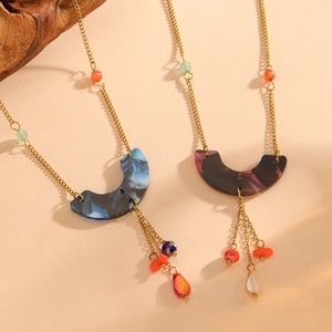 Bohemian 18K gold plated titanium necklace with U-shaped marble resin and beaded tassels