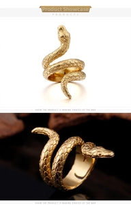 Detailed view of golden snake-shaped ring with realistic scale texture and wrap-around design