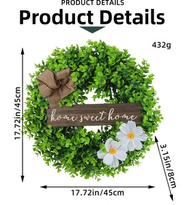 Detail showing artificial green wreath with home sweet home sign and dimensions