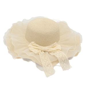 Beige straw sun hat with decorative mesh lace bow and wide brim for summer beach
