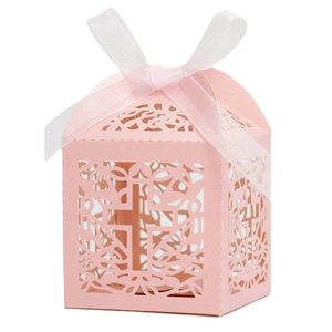 Pink laser-cut candy box with white ribbon and cross pattern for wedding party favor