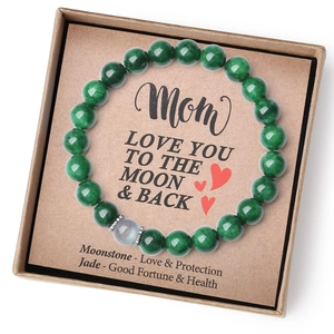 Green jade bead bracelet with moonstone for Mom in a gift box with a heartfelt message