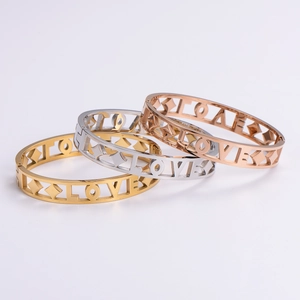 Minimalist geometric hollow LOVE cuff bracelets in gold, silver and rose gold steel