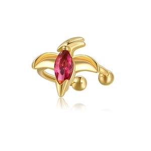 Golden dolphin ear cuff for women with marquise pink gemstone on white background