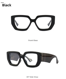 Front and 45-degree side view of black blue light glasses with faux wood temples