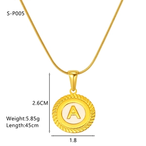 Detail view of 18K gold plated round pendant necklace with letter A on snake chain