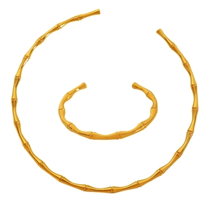 Minimalist 18K gold plated stainless steel bamboo joint collar necklace and bracelet set