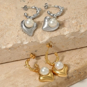 Heart Artificial Pearl Drop Earrings 316 Stainless Steel Twisted Hoop Love Pendant Rhinestone Elegant Jewelry For Women