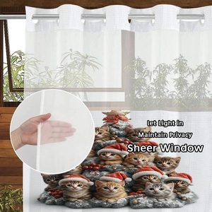 Sheer Christmas cat print shower curtain with grommet top showing light filtering fabric