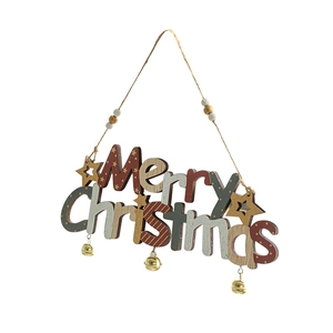 Wooden Merry Christmas hanging sign with star decor and golden bells for tree decoration