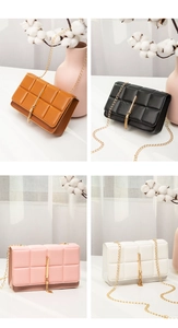 Quilted crossbody bags with gold chain straps and tassel pendants in four colors