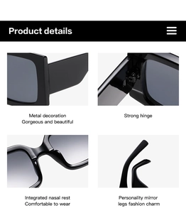 Detailed view of black square sunglasses featuring reinforced hinges and integrated nose pads