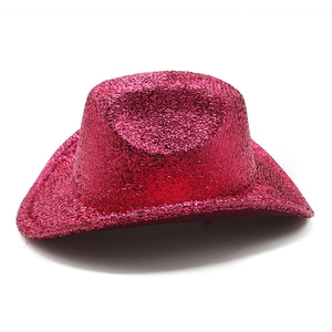 Close-up of sparkling hot pink glitter cowboy hat for parties and stage performance