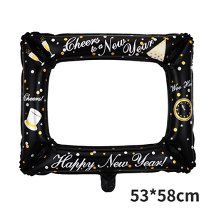 Black and gold inflatable Happy New Year photo frame balloon measuring 53x58cm