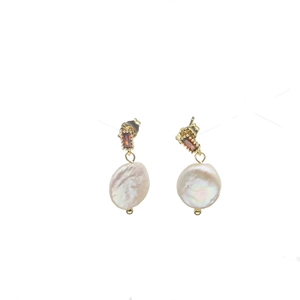 Baroque pearl earrings with red emerald-cut gemstone and gold-plated vintage silver needles