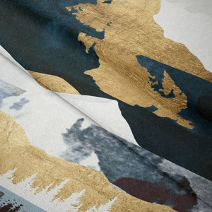 Detail of mountain tapestry showing modern abstract print with golden hills and blue tones