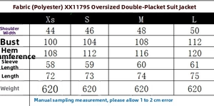 Detailed size chart for the oversized double-breasted blazer with measurements from XS to L