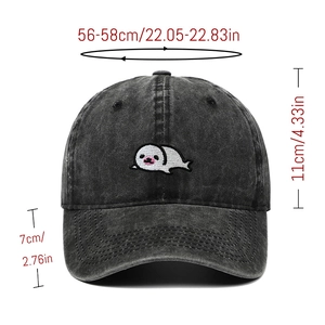 Washed black cotton baseball cap with seal embroidery and size dimensions shown