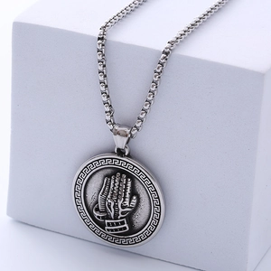 Titanium steel necklace for men with hands prayer pendant and Greek key engraved border