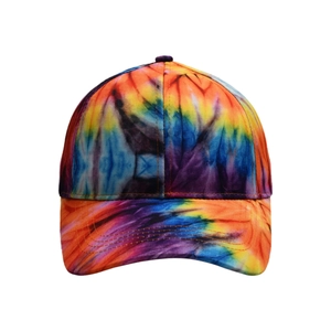 Detailed view of the vibrant tie-dye pattern on this classic six-panel baseball cap