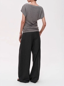 Women's grey T-shirt and charcoal wide-leg trousers set, minimalist back view design
