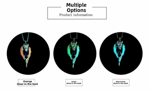 Luminous wolf totem pendant showing orange, green, and blue-green glowing effects in detail