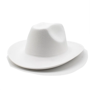 Detailed view of white wool felt fedora with a flat wide brim and classic indented crown