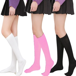 Women knee high striped cotton socks in white pink and black color options