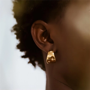 Stainless Steel Starburst C-Shaped Hoop Earrings With Cubic Zirconia Wide Face 18K Gold Plated Vintage Jewelry For Women