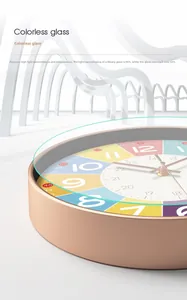 Detail of high transparency colorless glass on 25cm colorful educational wall clock