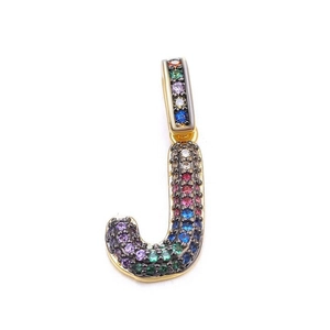 Rainbow cubic zirconia letter J charm pendant with gold plating for DIY jewelry making
