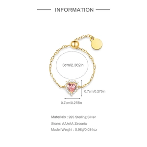 Macro detail showing 925 sterling silver chain ring dimensions with pink zircon heart