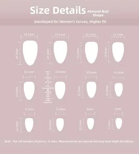 Size chart for almond press-on nails showing 12 dimensions for the perfect fit
