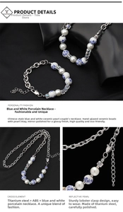 Detailed macro view of Chinese blue and white ceramic beads and pearl necklace with steel chain