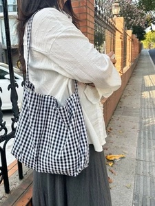Japanese style large capacity checkered canvas tote bag for school and daily shopping