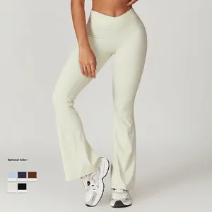 High-waisted flare yoga leggings in off-white with V-shape cross waist and quick-dry fabric