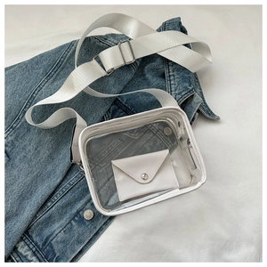 Detail of transparent crossbody bag with white trim on denim jacket for a casual look