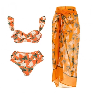 Women Bikini Swimsuit Ruffle Floral Print High Waist Beach Vacation Resort Wear Orange White Flower Polyester