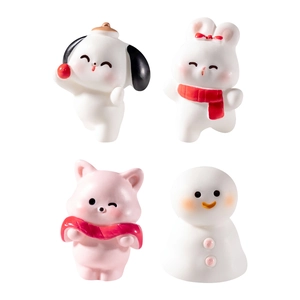 Miniature Christmas resin figurines set featuring cartoon dog rabbit cat and snowman