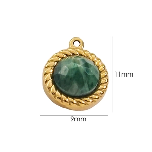 Detail of round green faceted gem pendant with gold rope edge showing 11x9mm size