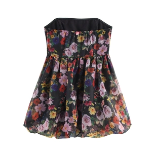 Floral organza strapless bubble mini dress in black with vibrant sweet flower patterns