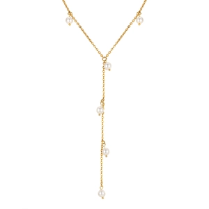 Elegante collana a Y in acciaio inossidabile dorato con sei perle bianche rotonde
