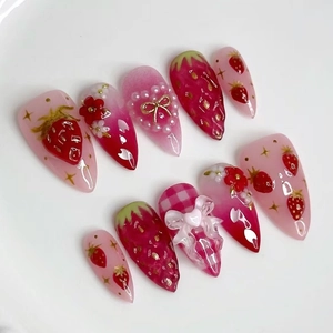 Press On Nails Fraise 3D Künstliche Perle Noeud Coeur Carreaux Plastique ABS Amovible Doux Faux Ongles Pour Femmes