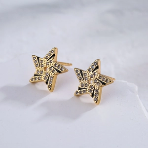 Elegant 18K gold plated star stud earrings with zircon stones and black enamel lines