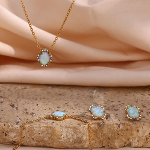 18K gold plated jewelry set with petal-shaped opal pendants and crystal accents