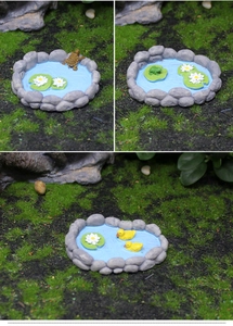 Detailed macro view of miniature resin pond ornaments with small turtles and frogs