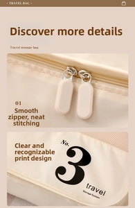 Detailed close-up of beige travel bag showing dual zippers and storage system text