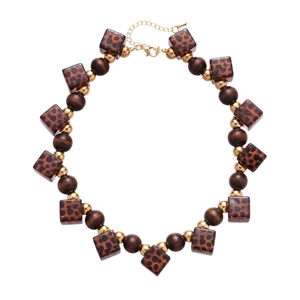 Vintage acrylic leopard print and dark wood bead necklace with gold metallic accents